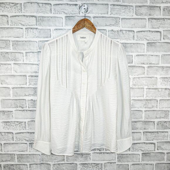 Ba&sh BASH Women's Laura Pleated Blouse ivory white Pleat n open ladder trim M - Picture 11 of 11